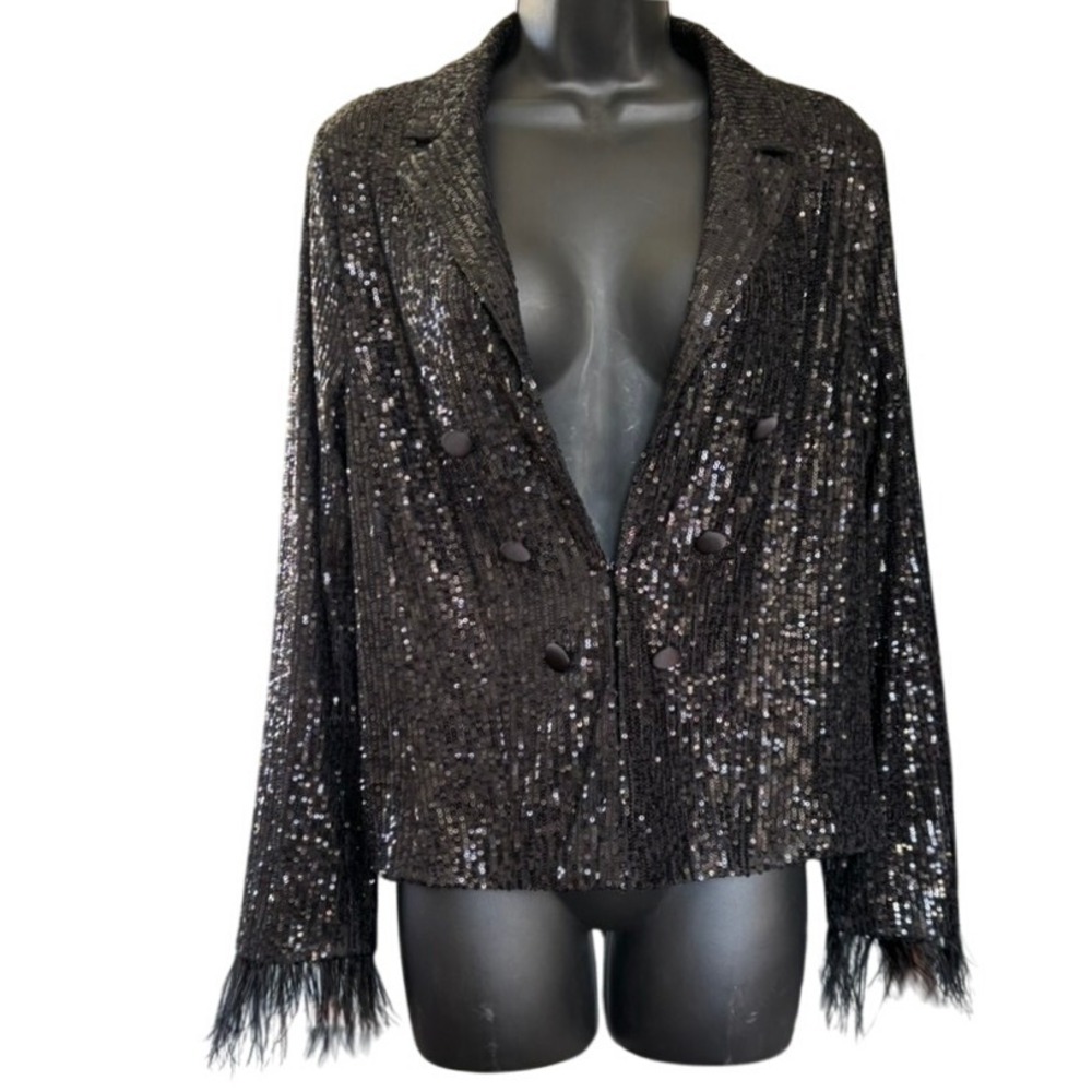 Nanette Lepore‎ Sequin Jacket Sz M Black Ostrich Feather Trim NYE Holiday Party